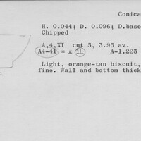 Index card with typed and handwritten information, sometimes including a sketch, of pottery from an excavation.