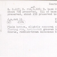 Index card with typed and handwritten information, sometimes including a sketch, of pottery from an excavation.