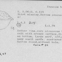 Index card with typed and handwritten information, sometimes including a sketch, of pottery from an excavation.