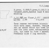 Index card with typed and handwritten information, sometimes including a sketch, of pottery from an excavation.