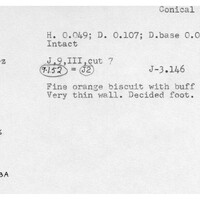 Index card with typed and handwritten information, sometimes including a sketch, of pottery from an excavation.