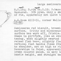 Index card with typed and handwritten information, sometimes including a sketch, of pottery from an excavation.