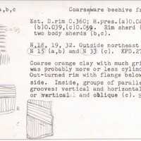 Index card with typed and handwritten information, sometimes including a sketch, of pottery from an excavation.