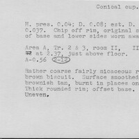 Index card with typed and handwritten information, sometimes including a sketch, of pottery from an excavation.