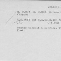 Index card with typed and handwritten information, sometimes including a sketch, of pottery from an excavation.