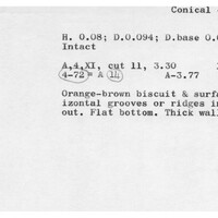 Index card with typed and handwritten information, sometimes including a sketch, of pottery from an excavation.
