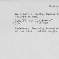 Index card with typed and handwritten information, sometimes including a sketch, of pottery from an excavation.