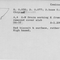 Index card with typed and handwritten information, sometimes including a sketch, of pottery from an excavation.