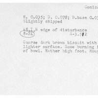 Index card with typed and handwritten information, sometimes including a sketch, of pottery from an excavation.