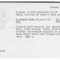 Index card with typed and handwritten information, sometimes including a sketch, of pottery from an excavation.