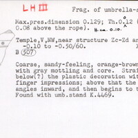 Index card with typed and handwritten information, sometimes including a sketch, of pottery from an excavation.