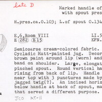 Index card with typed and handwritten information, sometimes including a sketch, of pottery from an excavation.