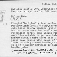 Index card with typed and handwritten information, sometimes including a sketch, of pottery from an excavation.