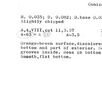 Index card with typed and handwritten information, sometimes including a sketch, of pottery from an excavation.