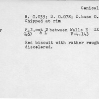 Index card with typed and handwritten information, sometimes including a sketch, of pottery from an excavation.