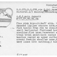 Index card with typed and handwritten information, sometimes including a sketch, of pottery from an excavation.
