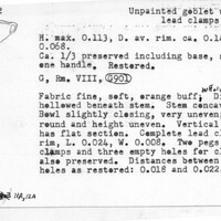 Index card with typed and handwritten information, sometimes including a sketch, of pottery from an excavation.