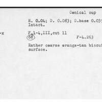 Index card with typed and handwritten information, sometimes including a sketch, of pottery from an excavation.