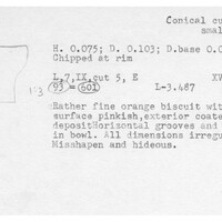 Index card with typed and handwritten information, sometimes including a sketch, of pottery from an excavation.