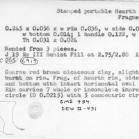 Index card with typed and handwritten information, sometimes including a sketch, of pottery from an excavation.
