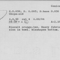 Index card with typed and handwritten information, sometimes including a sketch, of pottery from an excavation.