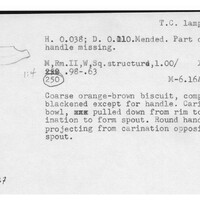 Index card with typed and handwritten information, sometimes including a sketch, of pottery from an excavation.