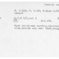 Index card with typed and handwritten information, sometimes including a sketch, of pottery from an excavation.