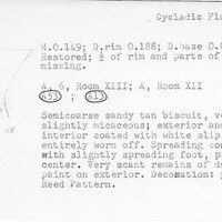 Index card with typed and handwritten information, sometimes including a sketch, of pottery from an excavation.