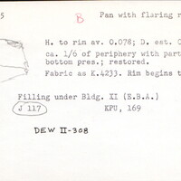 Index card with typed and handwritten information, sometimes including a sketch, of pottery from an excavation.