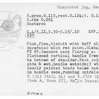 Index card with typed and handwritten information, sometimes including a sketch, of pottery from an excavation.