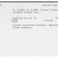 Index card with typed and handwritten information, sometimes including a sketch, of pottery from an excavation.