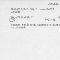 Index card with typed and handwritten information, sometimes including a sketch, of pottery from an excavation.
