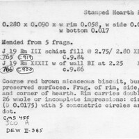 Index card with typed and handwritten information, sometimes including a sketch, of pottery from an excavation.