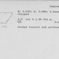 Index card with typed and handwritten information, sometimes including a sketch, of pottery from an excavation.