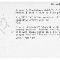 Index card with typed and handwritten information, sometimes including a sketch, of pottery from an excavation.