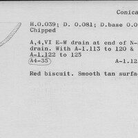 Index card with typed and handwritten information, sometimes including a sketch, of pottery from an excavation.
