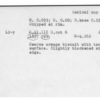 Index card with typed and handwritten information, sometimes including a sketch, of pottery from an excavation.