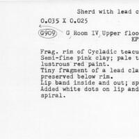 Index card with typed and handwritten information, sometimes including a sketch, of pottery from an excavation.