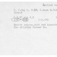Index card with typed and handwritten information, sometimes including a sketch, of pottery from an excavation.