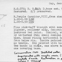 Index card with typed and handwritten information, sometimes including a sketch, of pottery from an excavation.