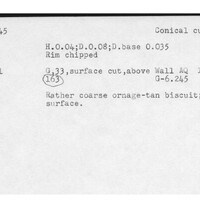 Index card with typed and handwritten information, sometimes including a sketch, of pottery from an excavation.