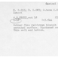 Index card with typed and handwritten information, sometimes including a sketch, of pottery from an excavation.