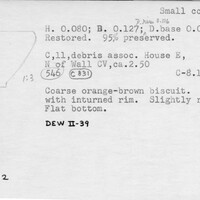 Index card with typed and handwritten information, sometimes including a sketch, of pottery from an excavation.