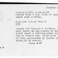 Index card with typed and handwritten information, sometimes including a sketch, of pottery from an excavation.