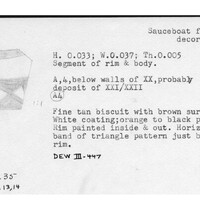 Index card with typed and handwritten information, sometimes including a sketch, of pottery from an excavation.
