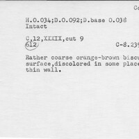 Index card with typed and handwritten information, sometimes including a sketch, of pottery from an excavation.