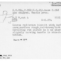 Index card with typed and handwritten information, sometimes including a sketch, of pottery from an excavation.