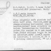 Index card with typed and handwritten information, sometimes including a sketch, of pottery from an excavation.