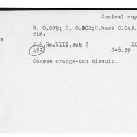 Index card with typed and handwritten information, sometimes including a sketch, of pottery from an excavation.