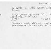 Index card with typed and handwritten information, sometimes including a sketch, of pottery from an excavation.